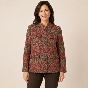 Christopher & Banks Women's M Red Brown Tapestry Jacquard Shirt Jacket Autumn